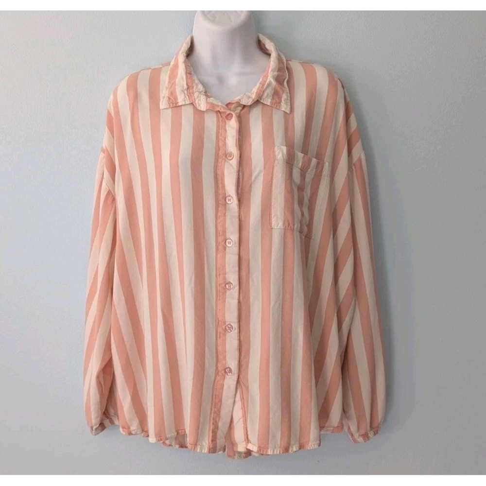 Nordstrom Flowy Boxy Button Up Top Pink Stripes 3/4 Sleeve With Elastic Cuff